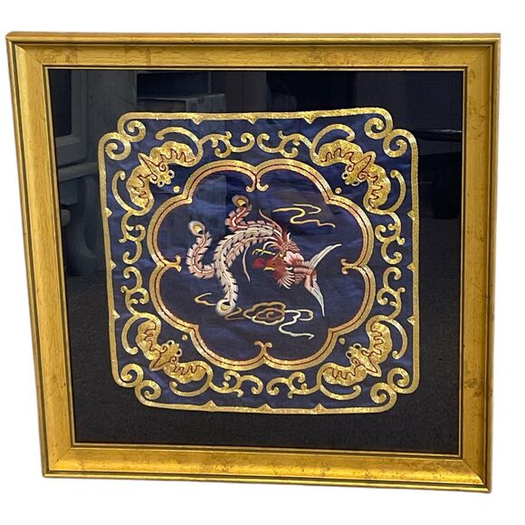 Phoenix Bird Silk Embroidery Custom Framed Rich Gold Royal Blue Asian Style - Picture 5 of 7
